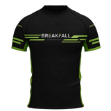 Breakout Rash Guard front – black short sleeve rash guard with green stripes and Breakfall logo