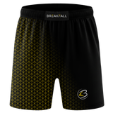 Hexline Fight Shorts front – black and gold geometric pattern