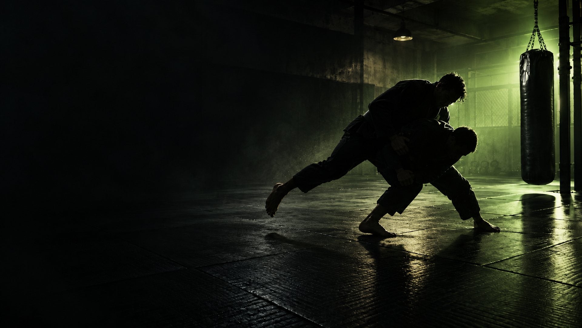 Two grapplers training in a dark martial arts gym