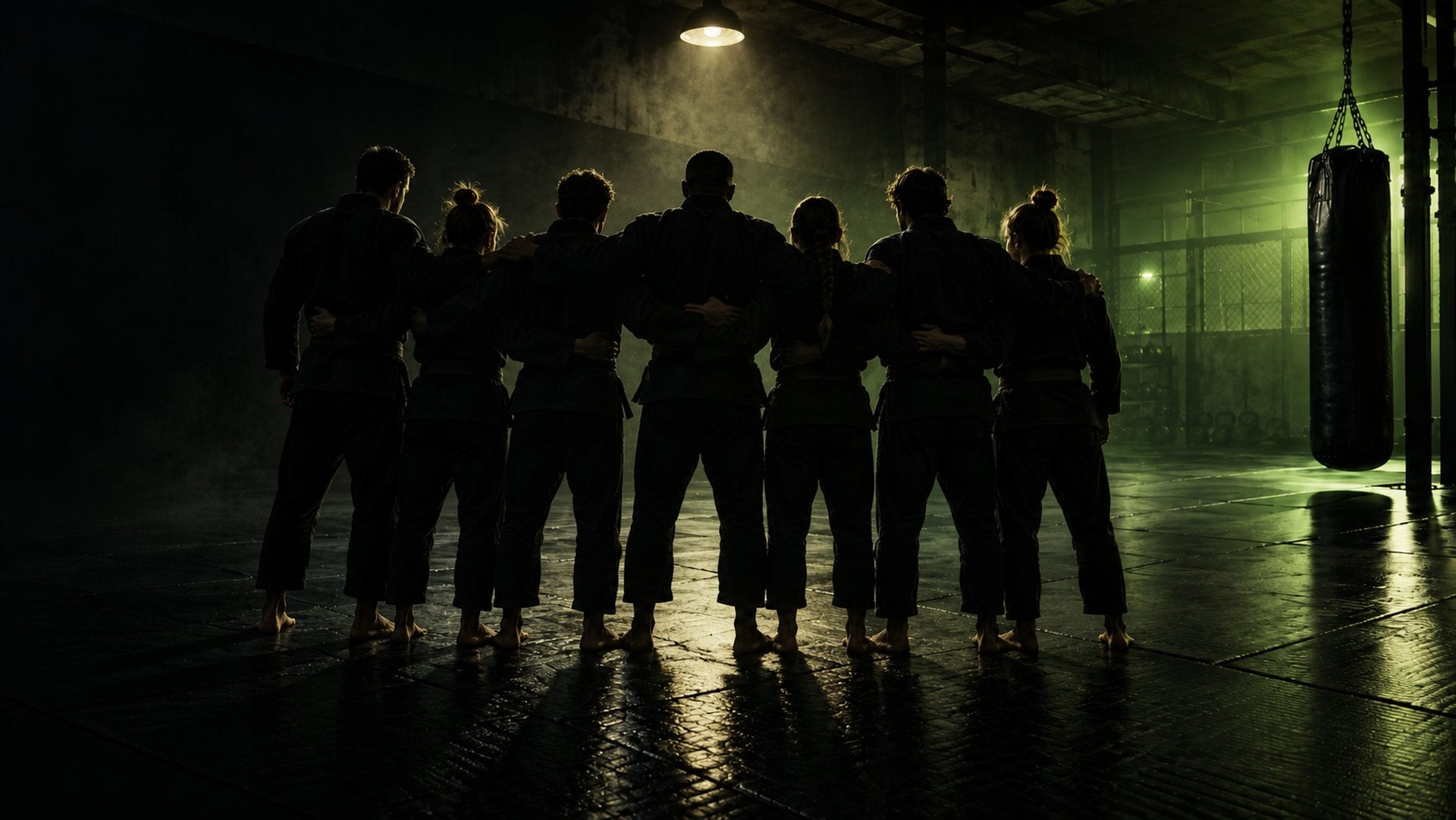 Martial arts team standing together on the mats in a dark gym