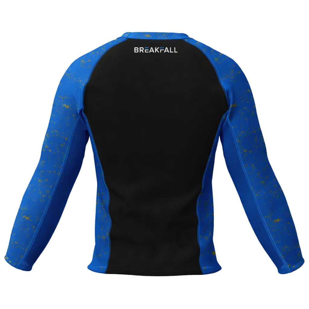 Black and blue long-sleeve shirt with 'BREAK-FALL' branding on a white background