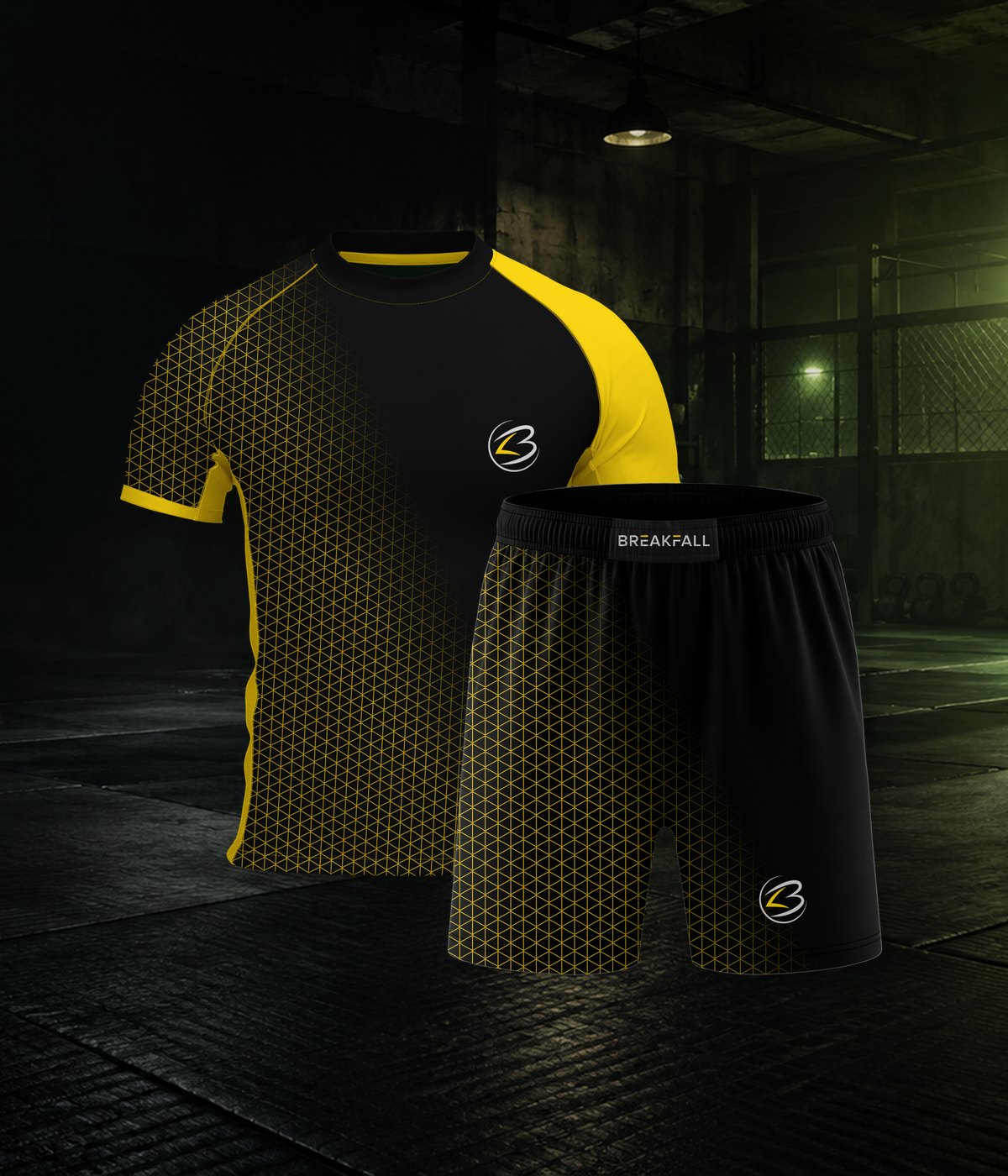 Hexline rash guard and fight shorts set in black and gold