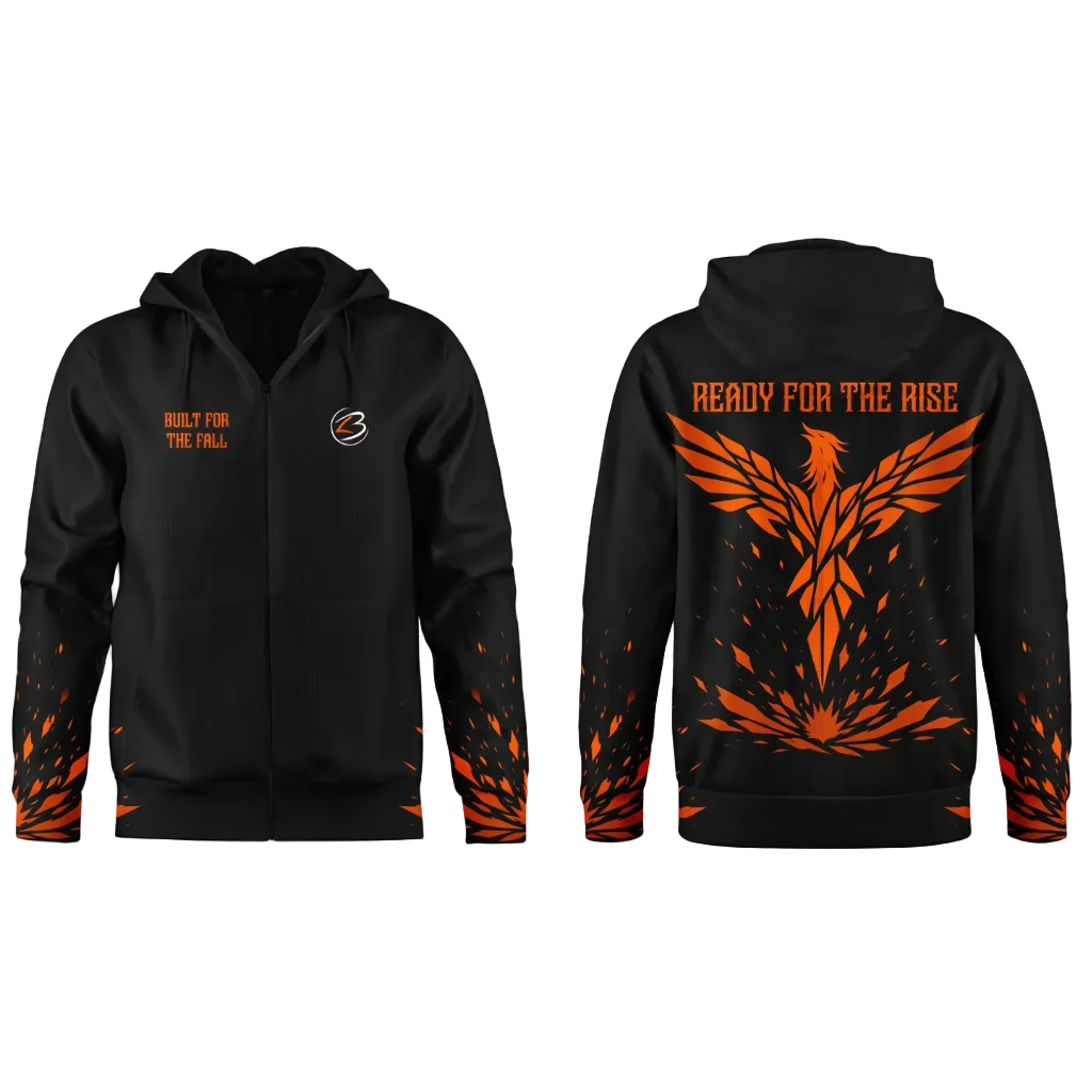 Black hoodie with orange and white designs on a white background
