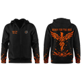 Black hoodie with orange and white designs on a white background