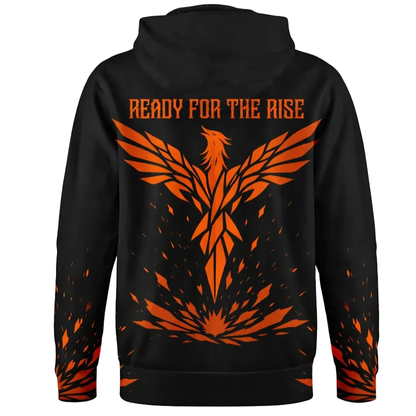 Black hoodie with orange phoenix design and 'Ready for the Rise' text on the back