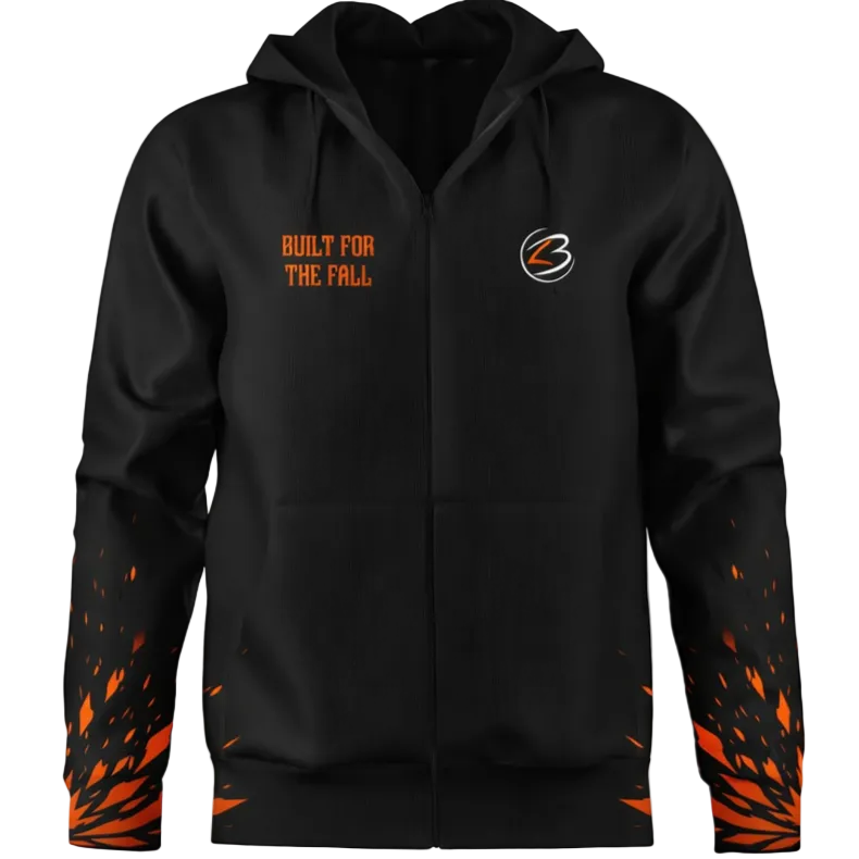 Black hoodie with orange text and patterns on a white background